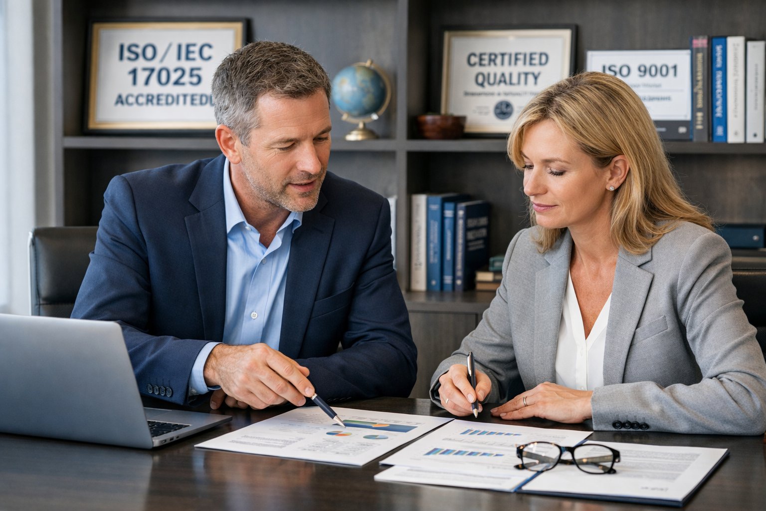 Two business professionals discussing documents and charts at a conference table in an office with certification plaques in the background discussing how to choose the right ISO 17025 accreditation body.