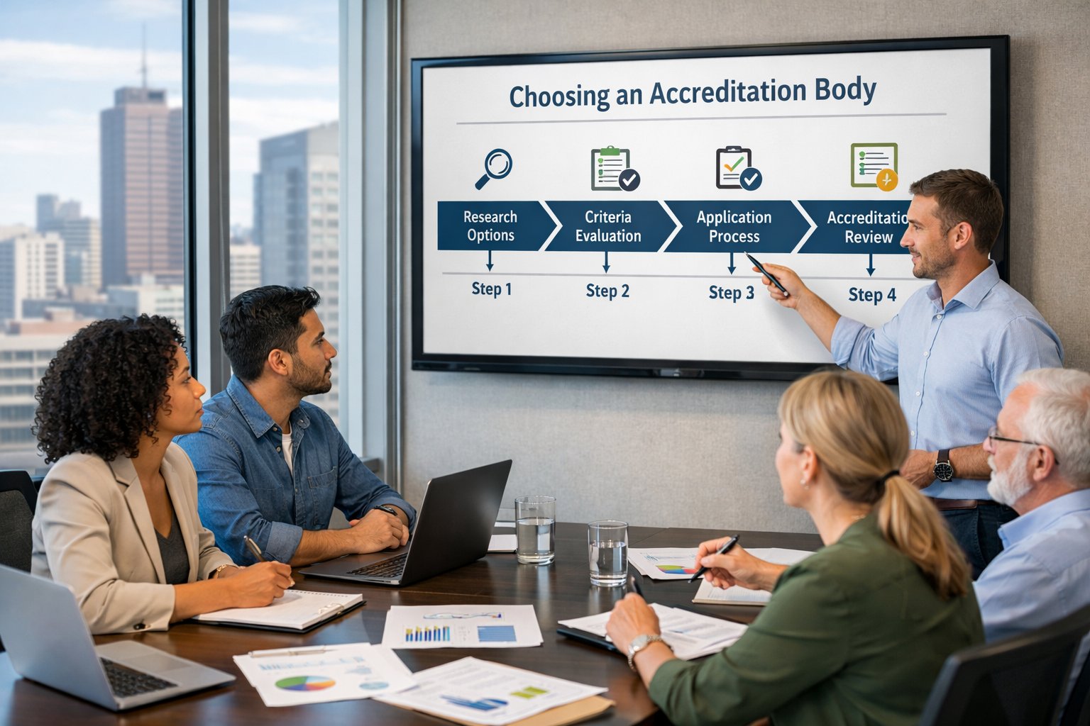 A group of professionals in a meeting room discussing a timeline chart during a business meeting discussing how to choose the right ISO 17025 accreditation body.
