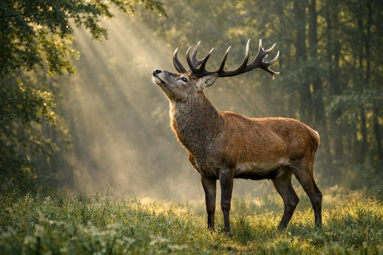 A deer standing in a forest clearing with its nose raised, surrounded by trees and soft morning light.