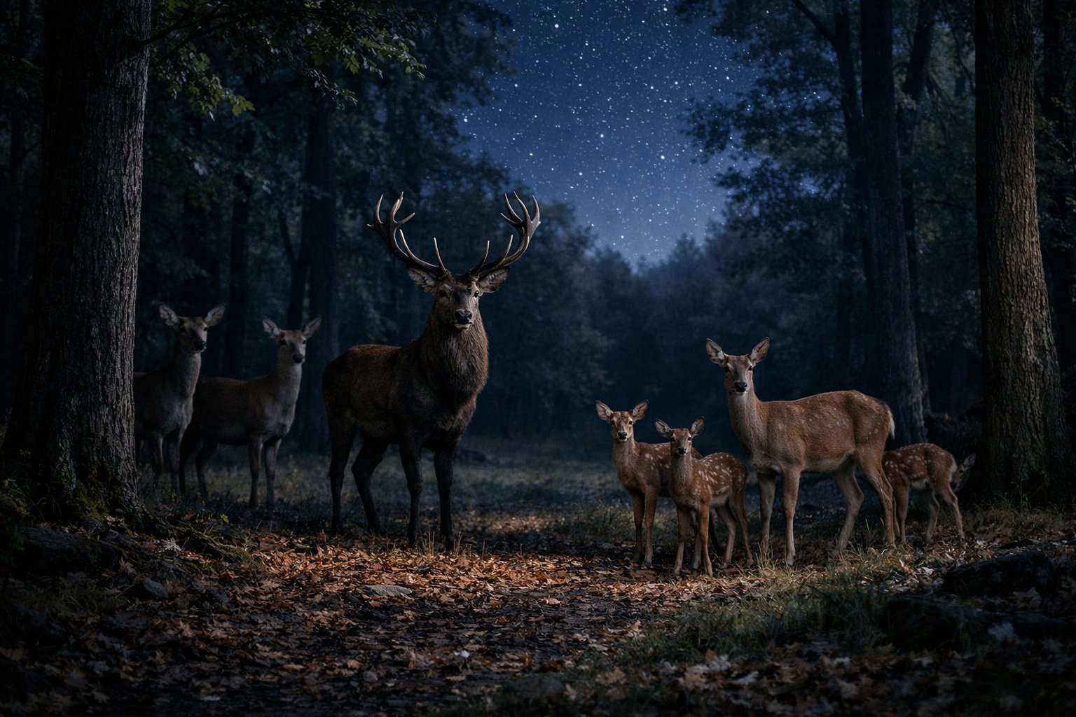A group of deer standing quietly in a moonlit forest at night among trees and grass.