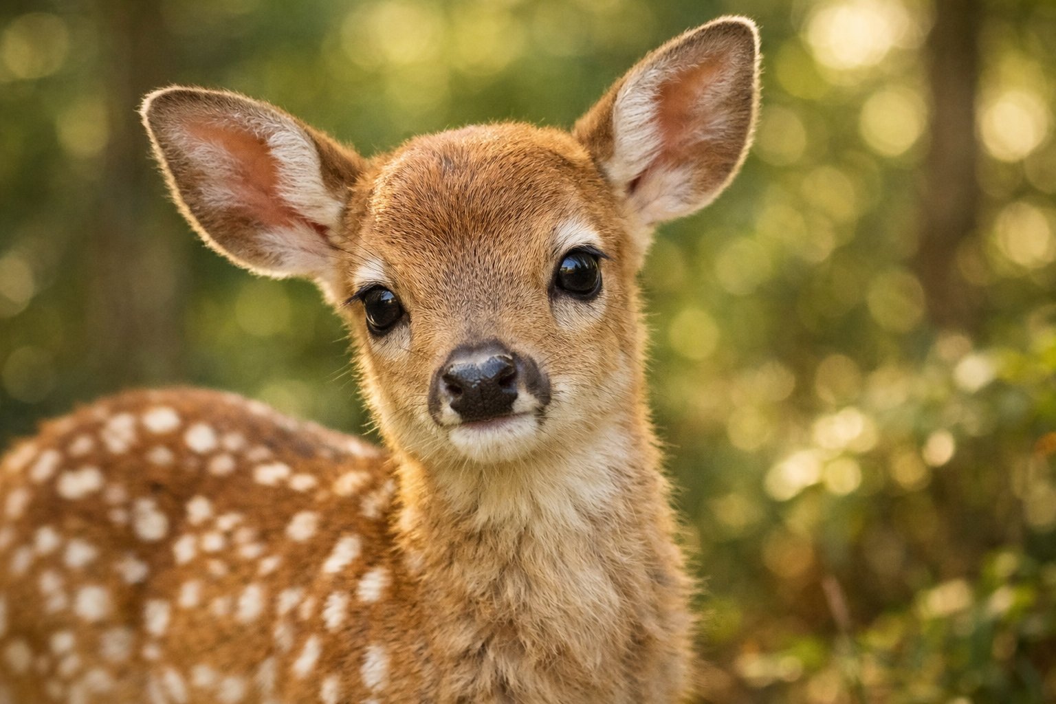 A baby deer standing in a forest, looking gently towards the camera with green foliage in the background.
