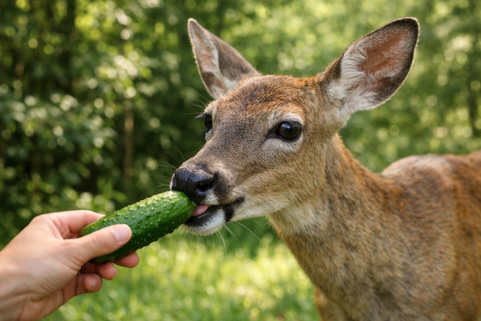 A deer nibbling on a cucumber held by a human hand in a forest clearing.