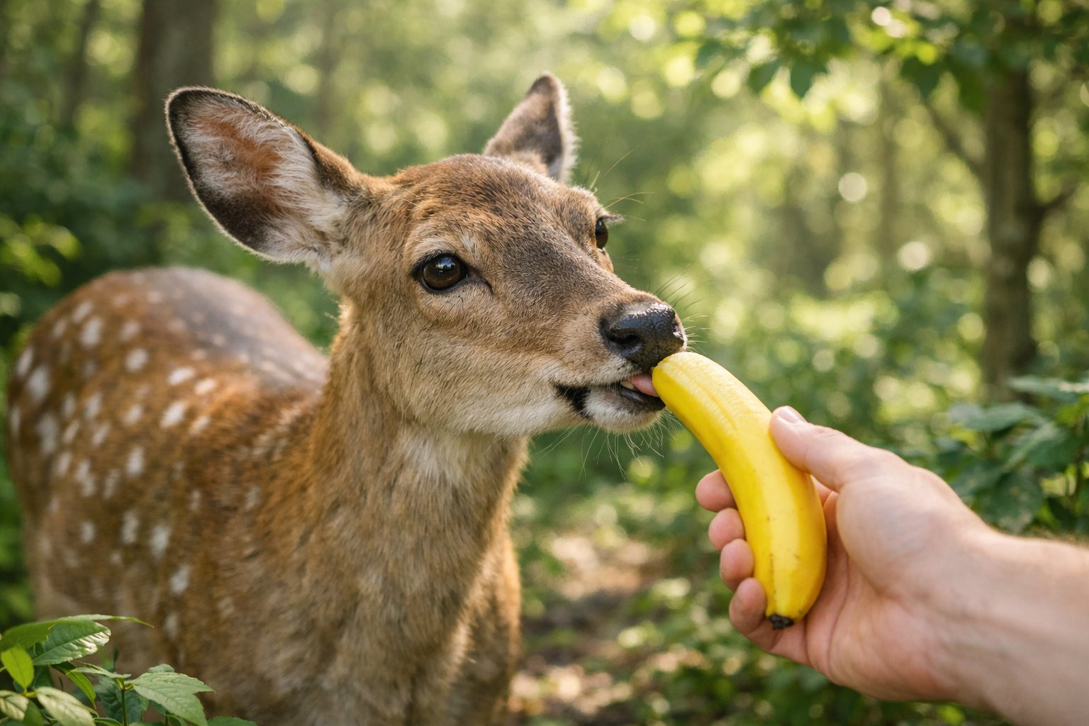 A deer in a forest gently eating a banana held by a person.