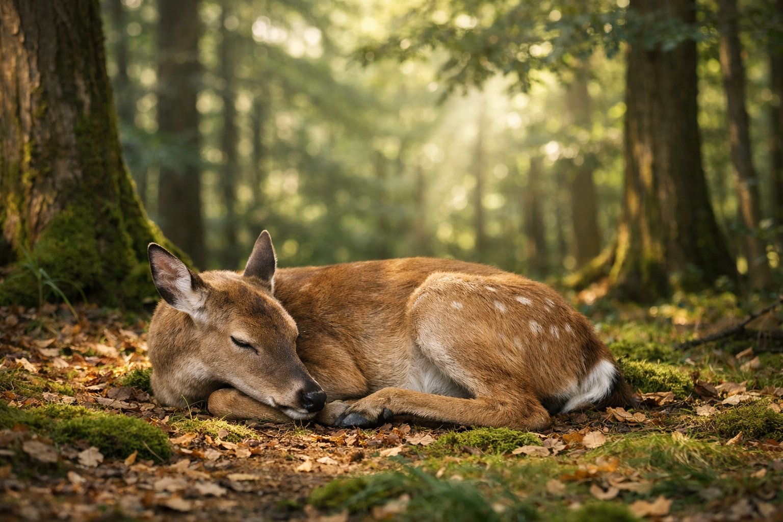 A deer lying down and resting quietly on the forest floor surrounded by trees and greenery.