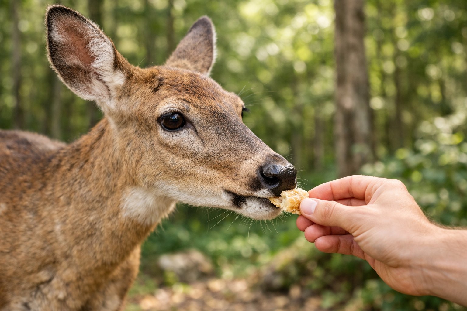 A deer in a forest gently eating a small piece of bread from a person's hand.