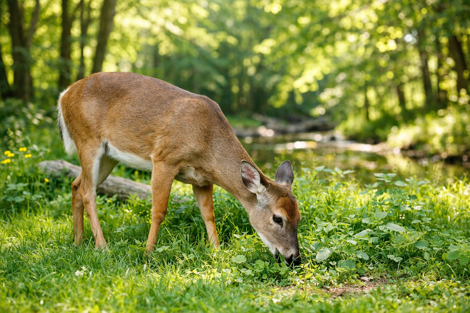 A deer grazing on green grass in a sunlit forest clearing surrounded by trees and plants.