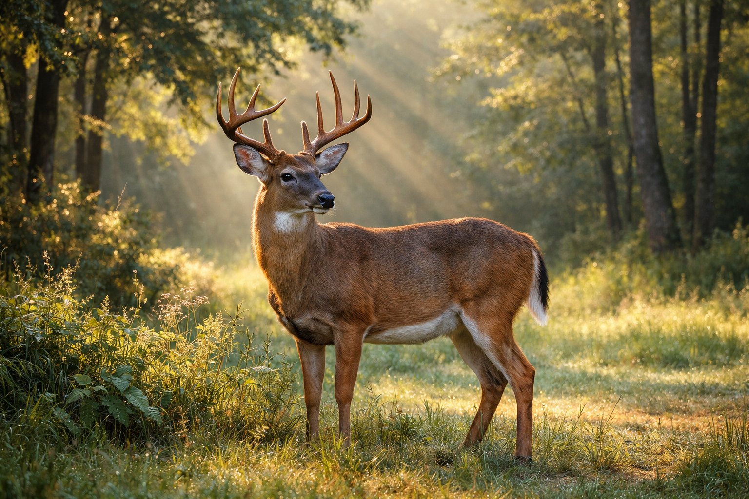 A mature deer standing in a sunlit forest clearing surrounded by green trees and plants.