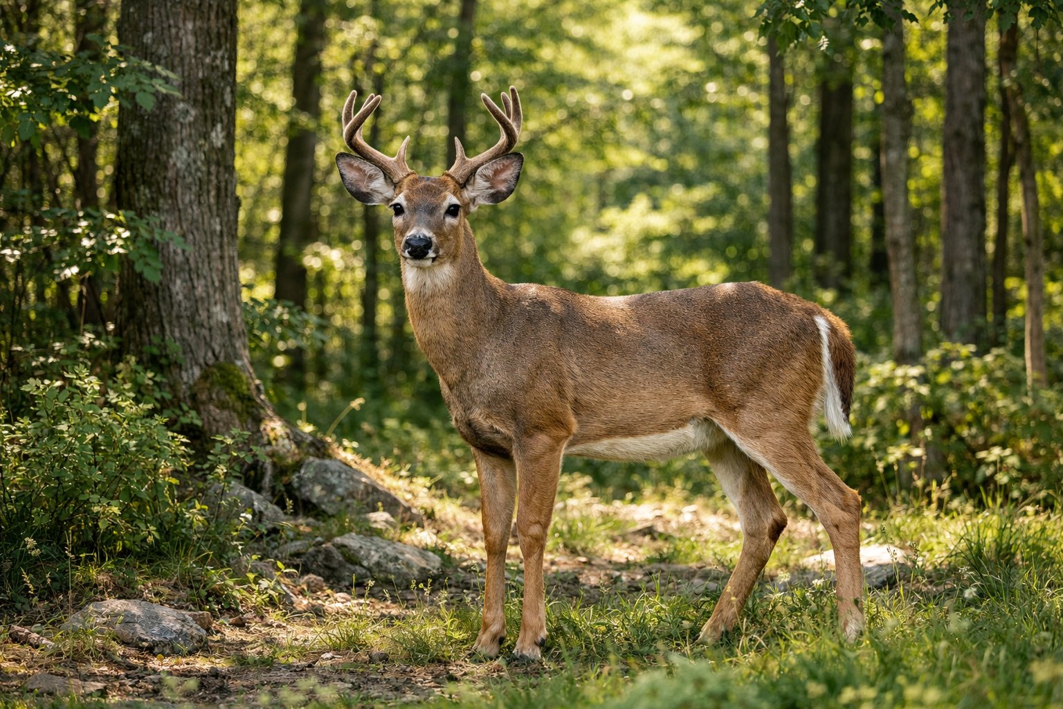 A healthy adult deer standing alert in a green forest with sunlight filtering through the trees.