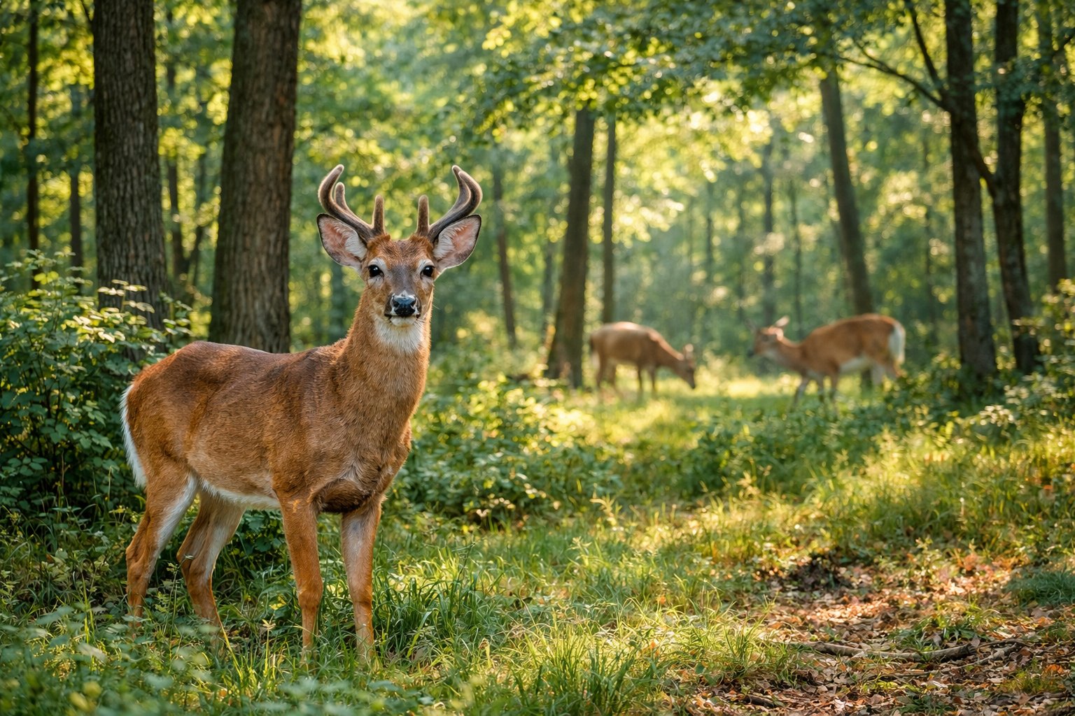 An adult deer standing in a sunlit forest with other deer grazing in the background among green trees and foliage.