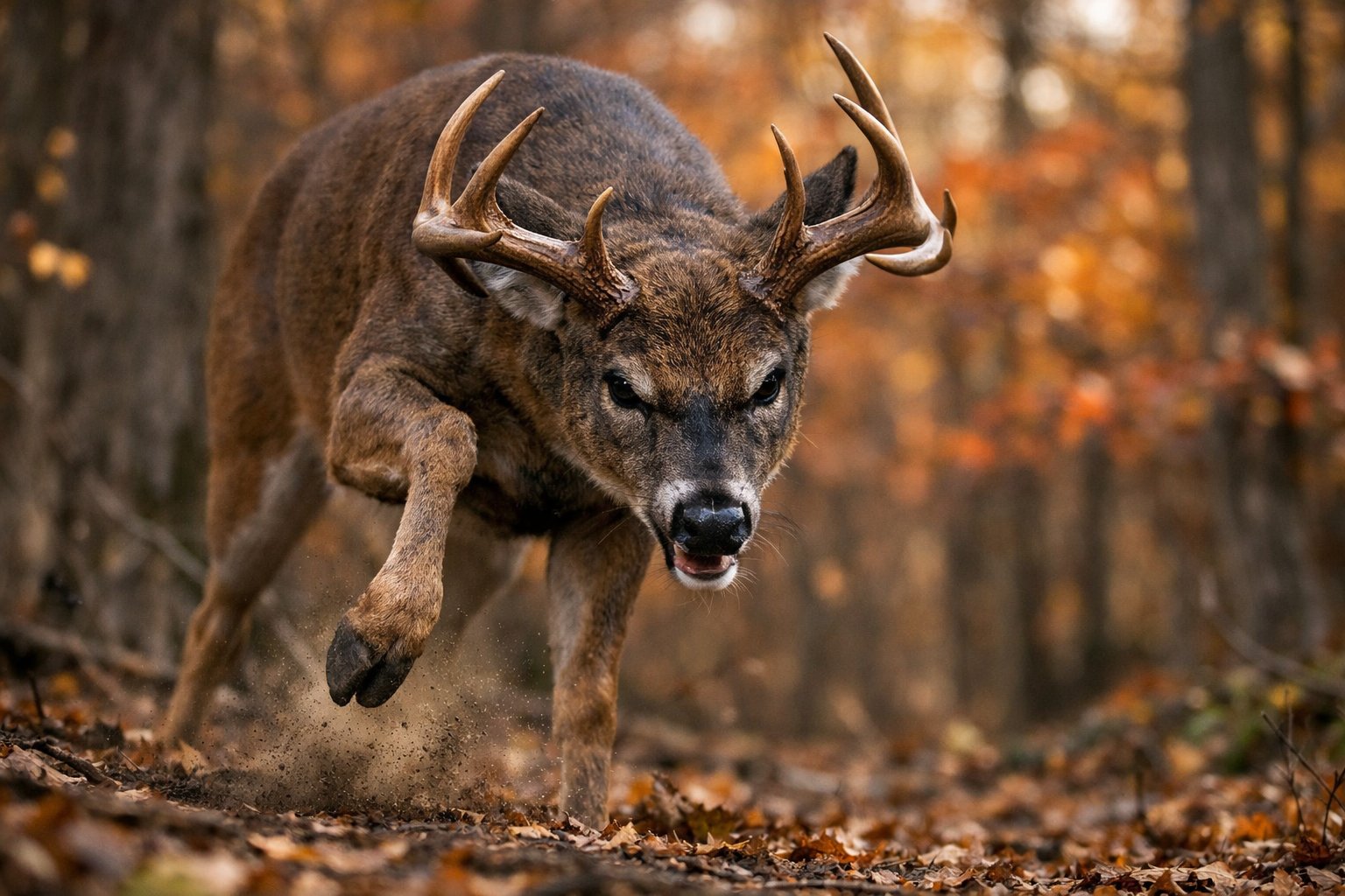 A male deer in a forest showing aggressive behavior with raised hoof and lowered antlers among autumn trees.