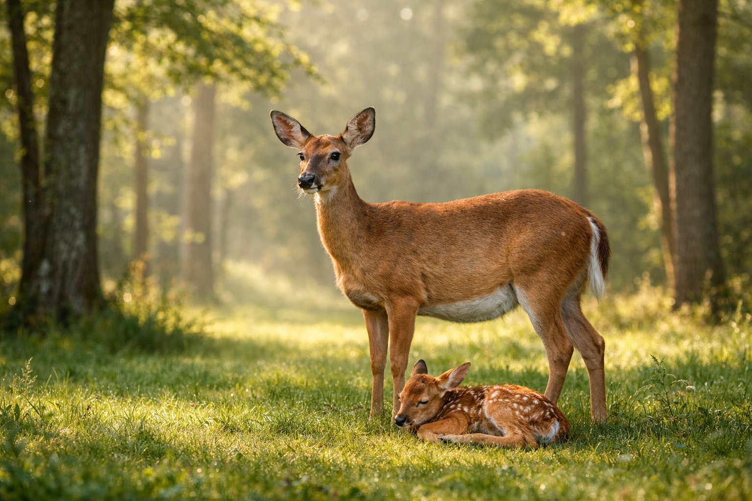 A female deer standing in a forest clearing with a resting fawn nearby.