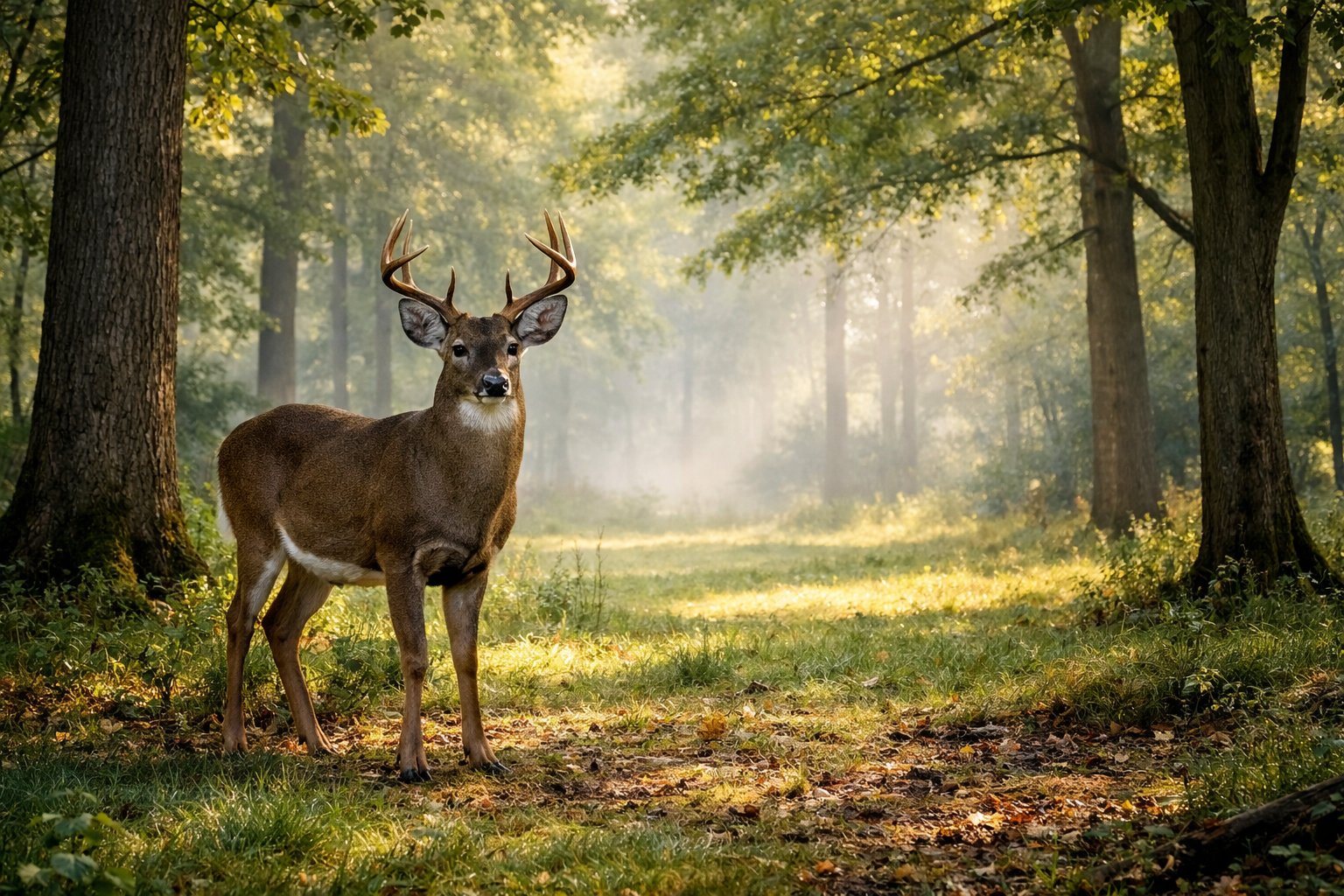 A single deer standing alone in a forest clearing with sunlight filtering through the trees.