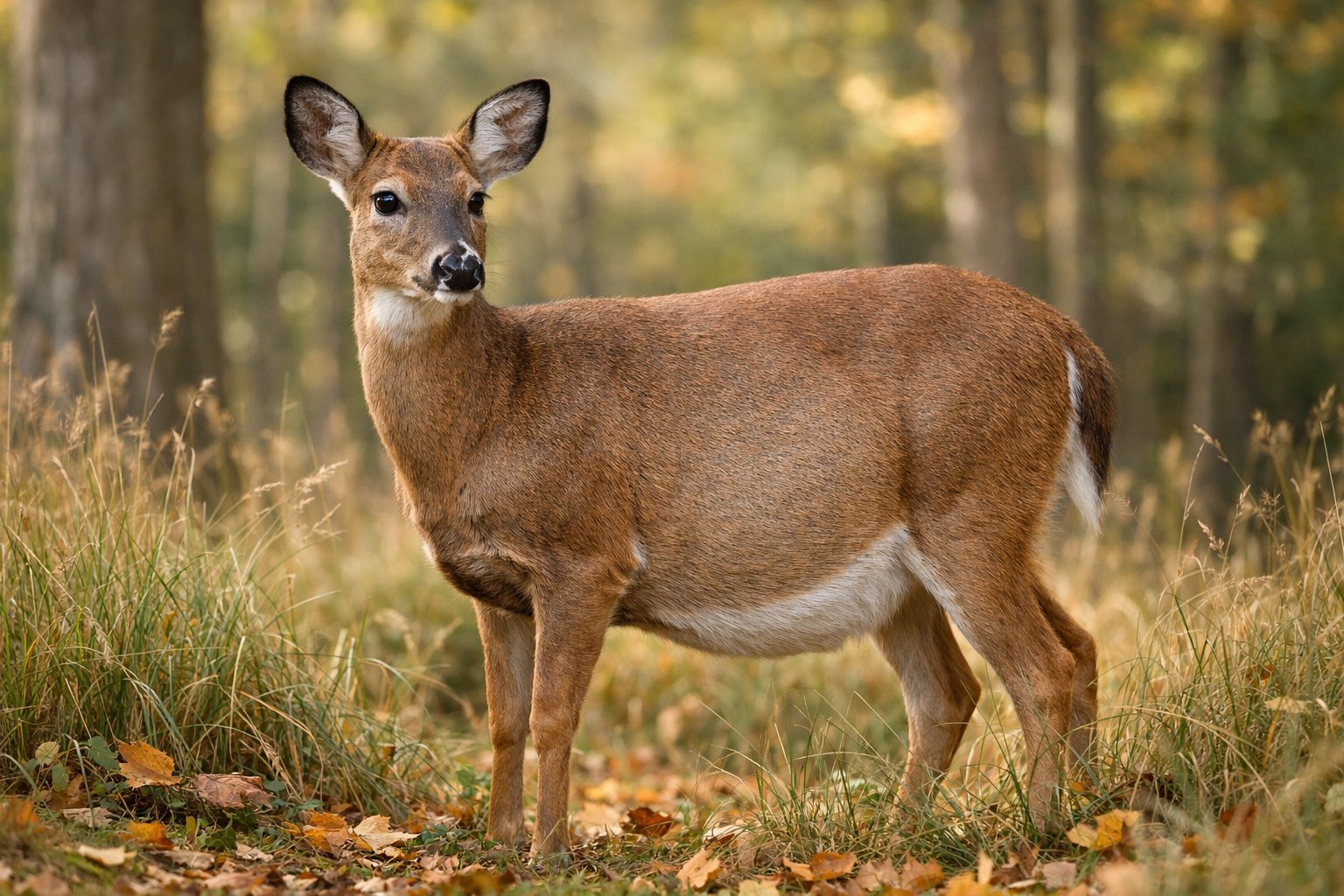 A female deer standing calmly in a forest with tall grasses and autumn leaves.
