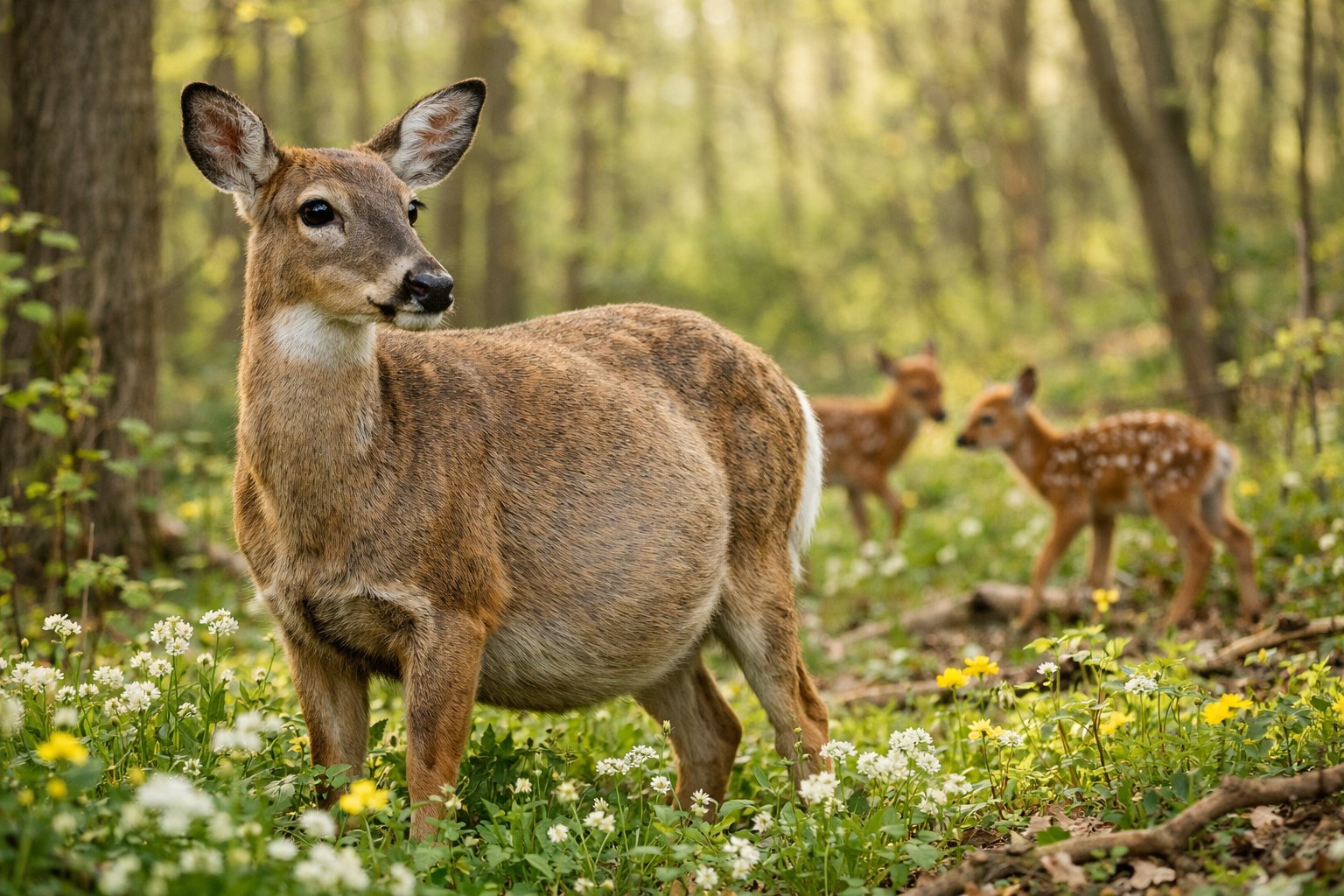 A pregnant female deer standing in a forest clearing with young fawns playing nearby.