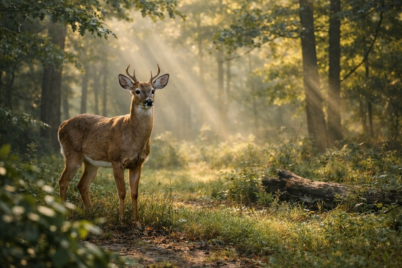 A solitary deer standing calmly in a green forest with sunlight filtering through the trees.