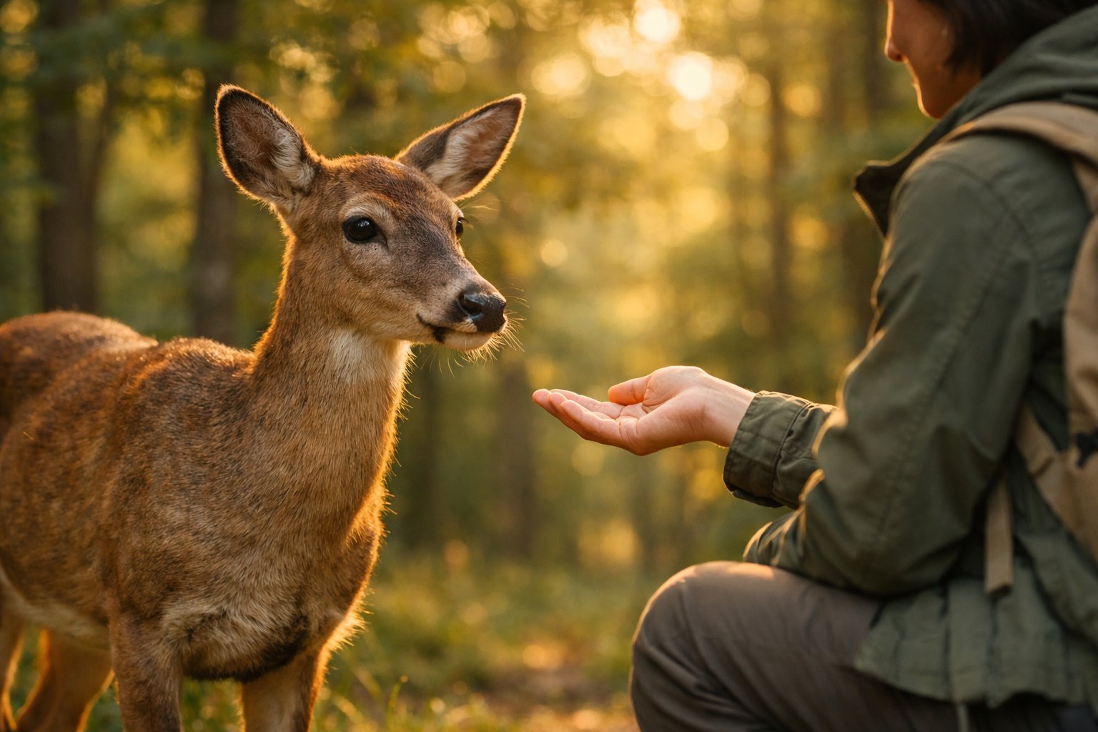 A calm deer standing close to a person reaching out a hand in a forest during golden hour.