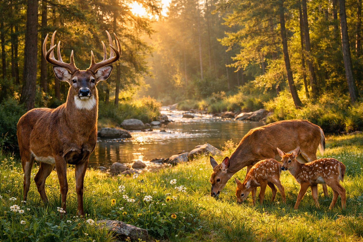 A group of deer including a stag, doe, and fawns standing and grazing in a sunlit forest clearing near a stream.
