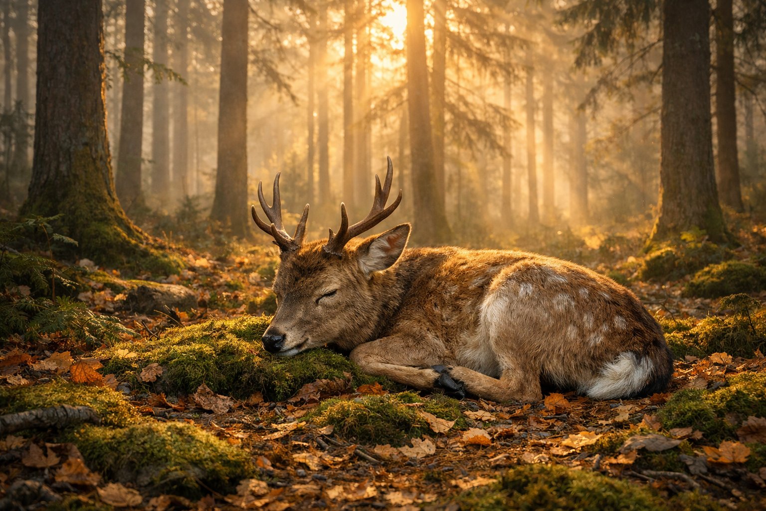 A deer sleeping quietly on the forest floor surrounded by trees and soft morning light.