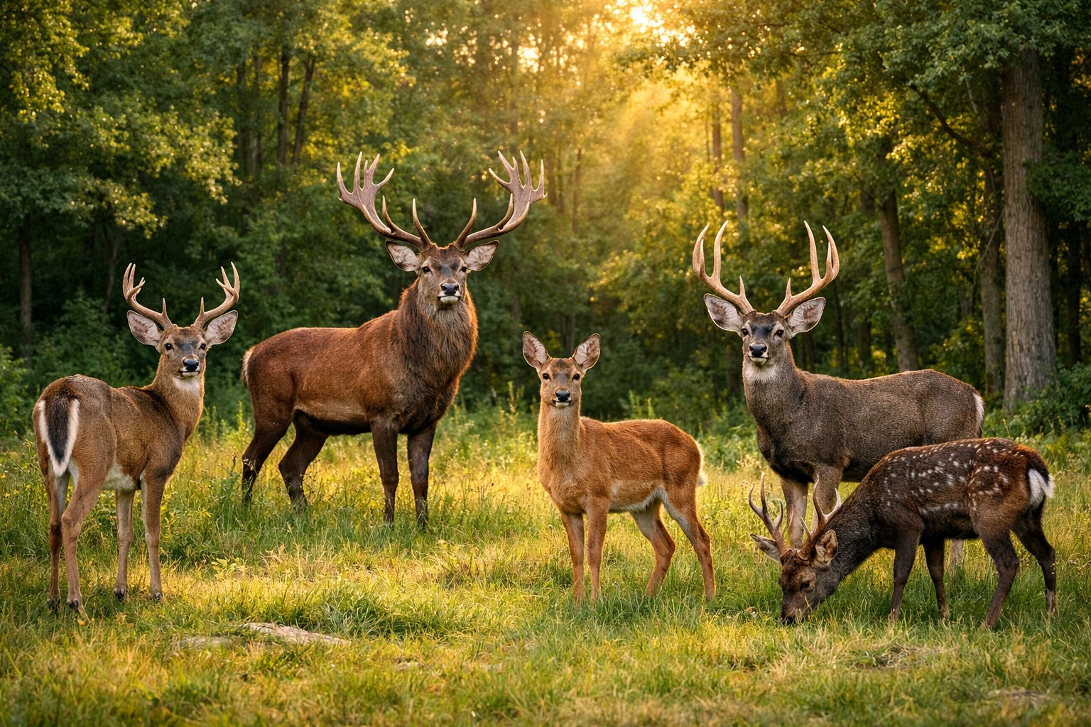 Five different deer species in a forest clearing surrounded by trees and greenery during sunset.