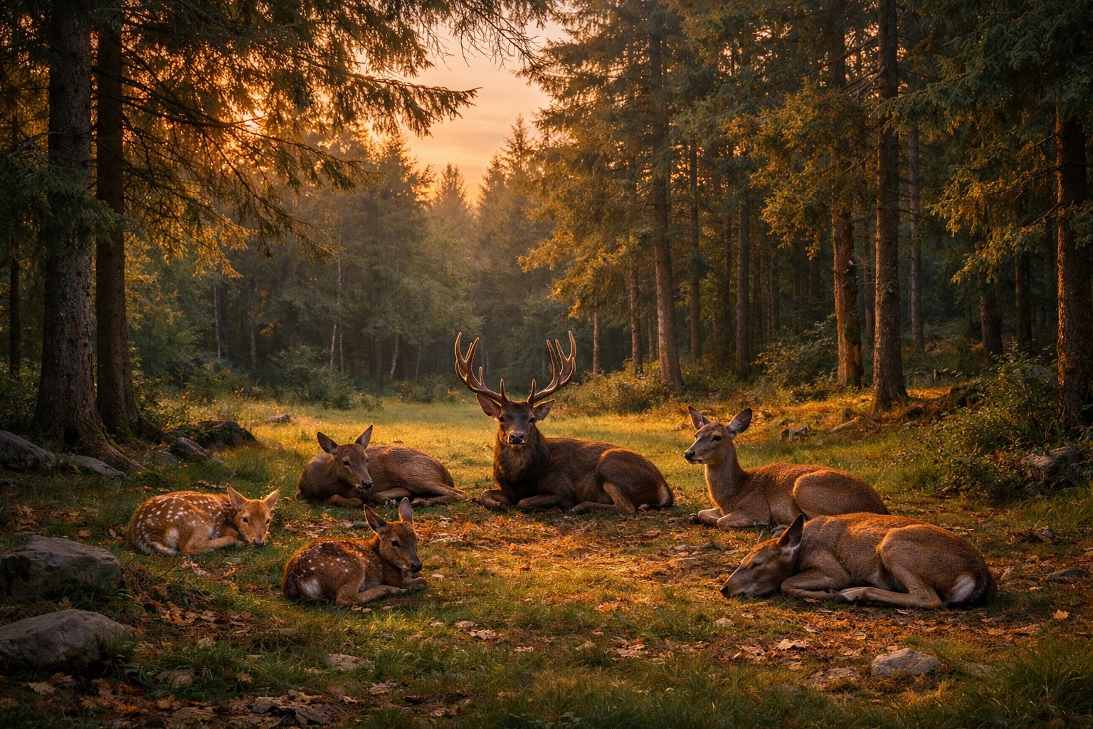 A group of deer resting peacefully in a forest clearing at dusk surrounded by tall trees.