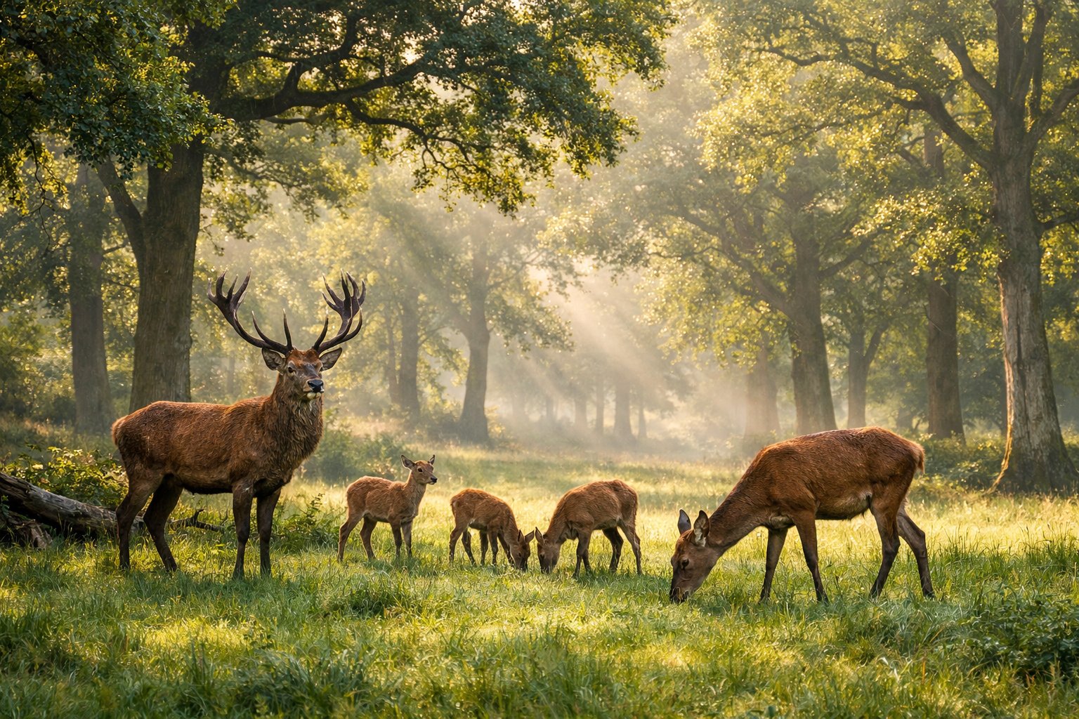 A group of red deer grazing in a peaceful British woodland with sunlight filtering through the trees.