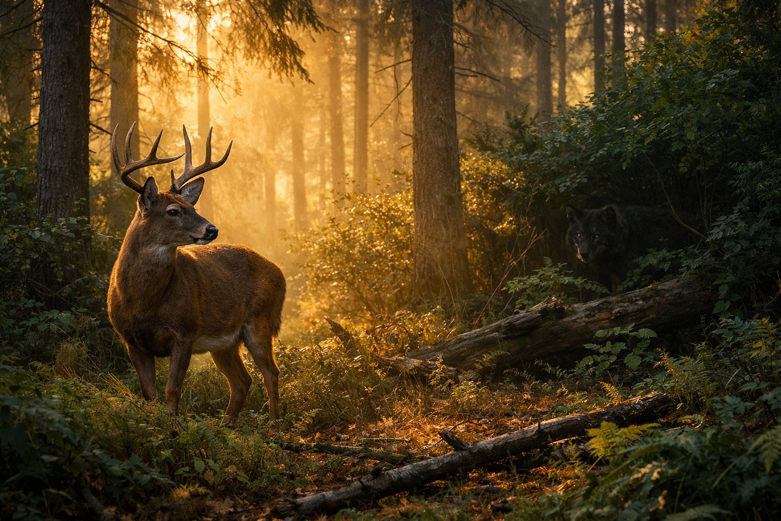 A deer in a forest looking towards a hidden predator among the trees.