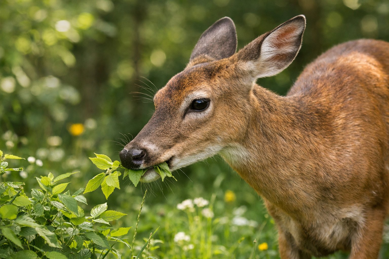 A deer eating green leaves in a forest with sunlight filtering through the trees.