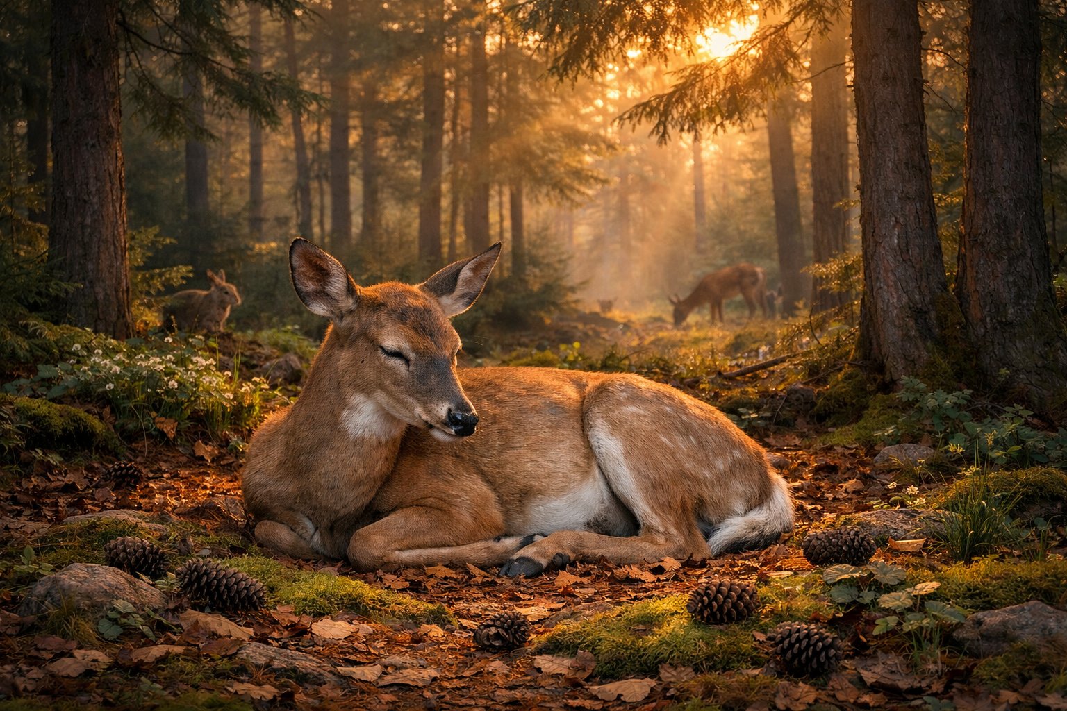 A deer resting quietly on the forest floor surrounded by trees and soft sunlight.