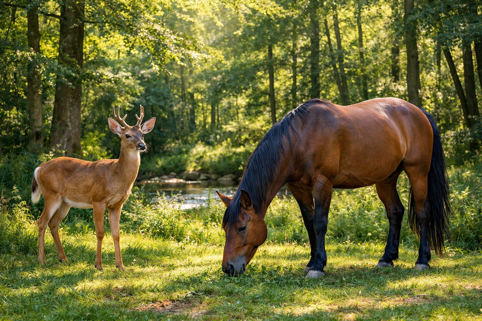 A deer and a horse standing close to each other in a green forest with sunlight filtering through the trees.