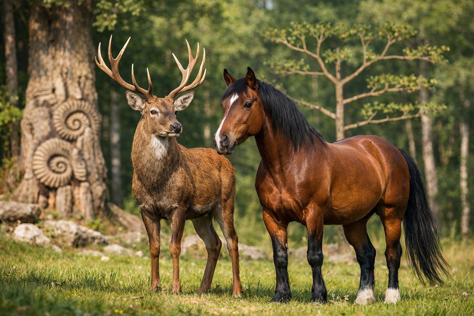 A deer and a horse standing side by side in a forest clearing with trees and grass around them.