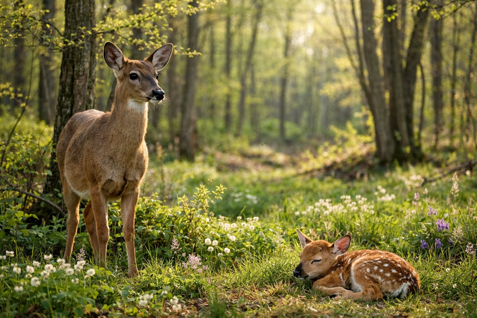 An adult deer standing in a forest clearing near a resting fawn surrounded by green plants and trees.