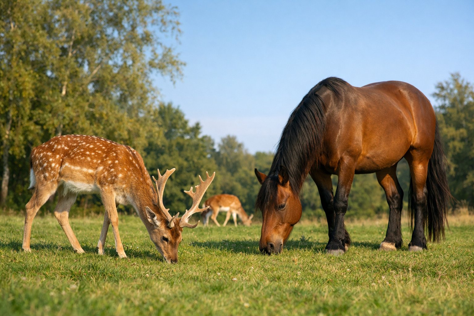 A deer and a horse grazing in a sunlit meadow surrounded by trees.