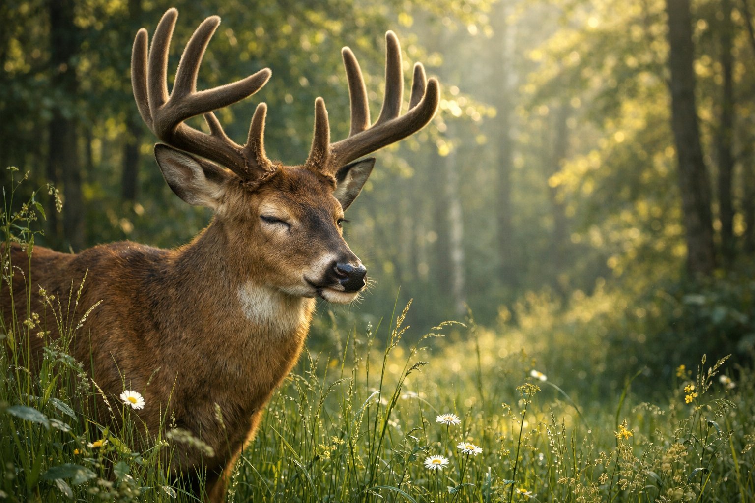 A deer standing peacefully with its eyes closed in a forest clearing surrounded by grass and trees.