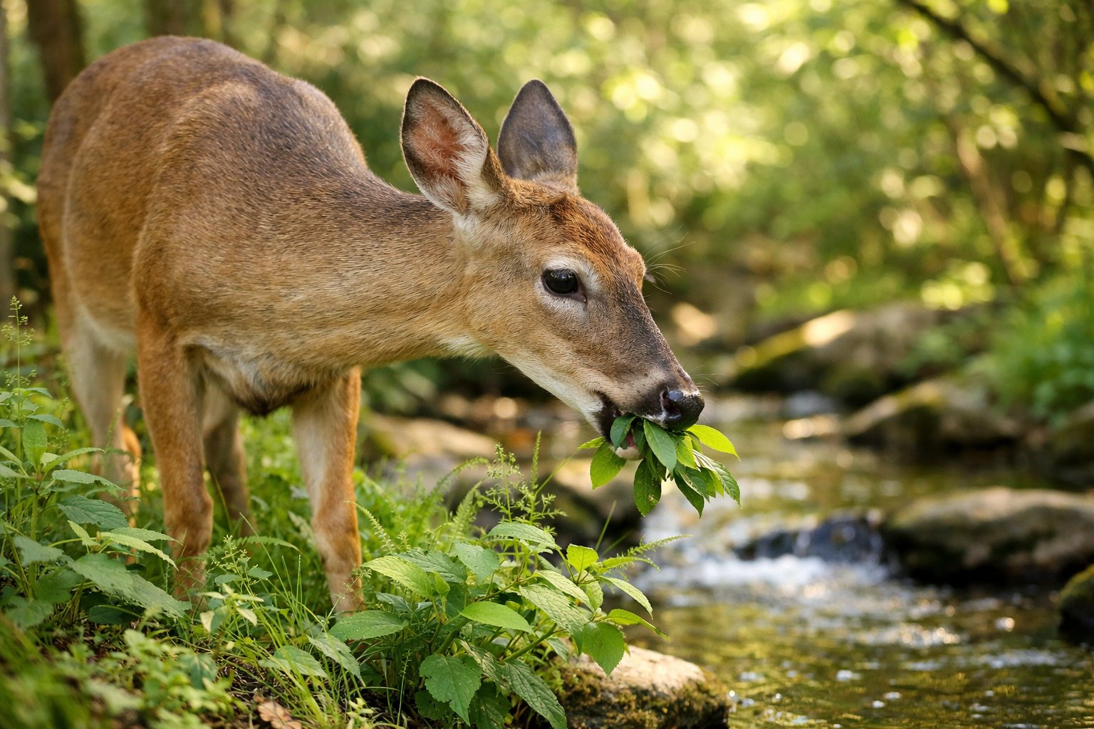A deer eating green leaves in a forest near a small stream during the day.