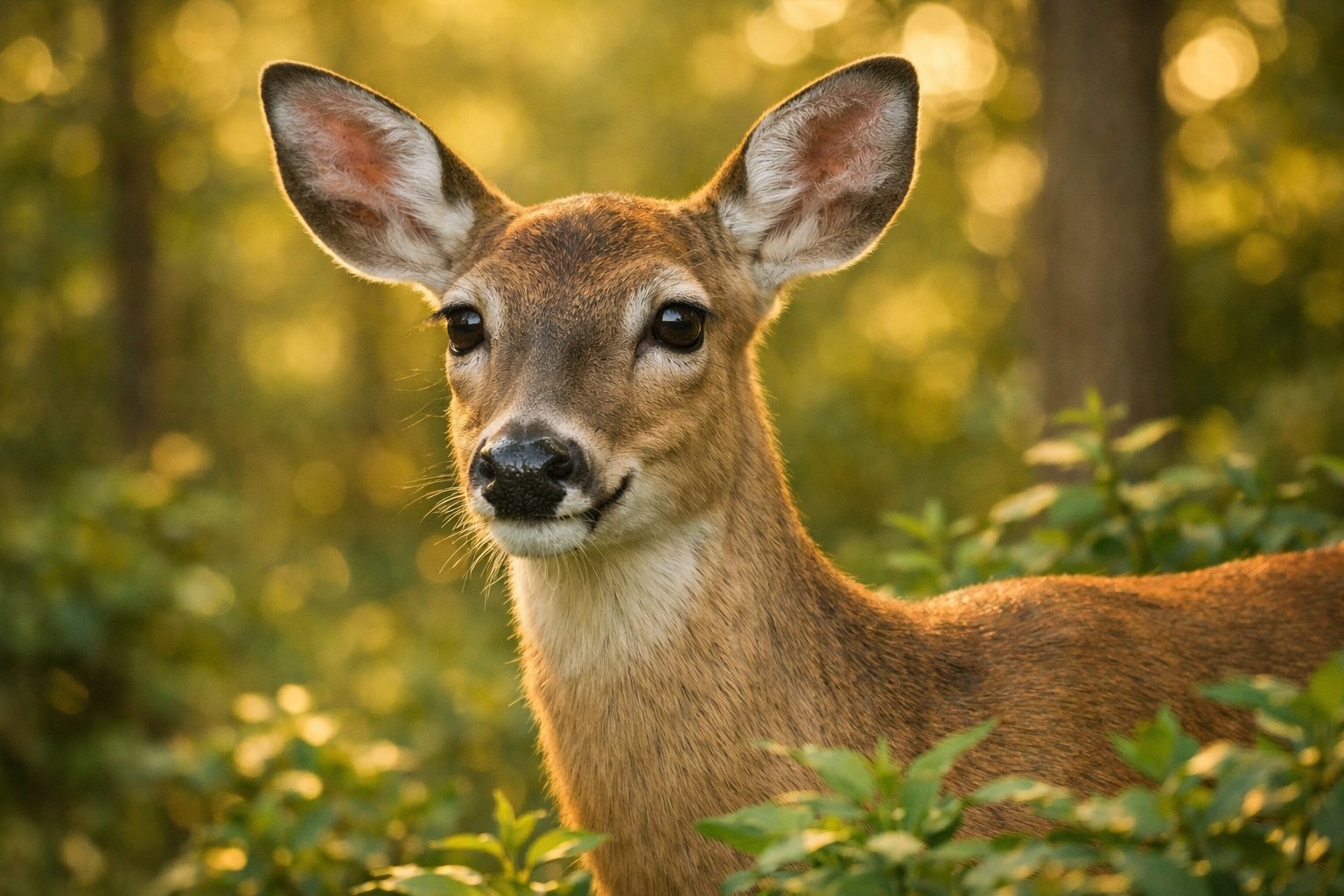 A calm deer standing peacefully in a forest with soft sunlight filtering through the trees.