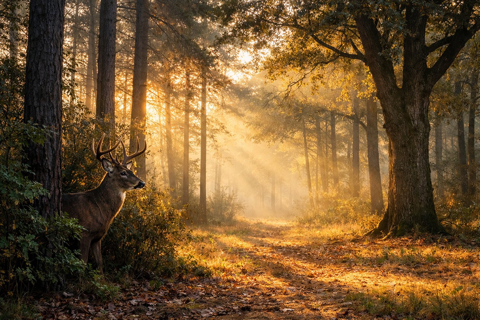 A deer standing alert in a misty forest at dawn with sunlight filtering through the trees.