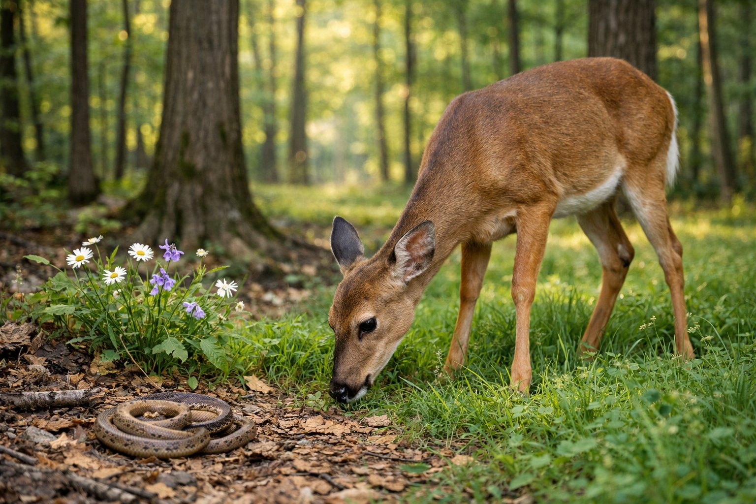 A deer grazing near a small snake on the forest floor with trees and sunlight in the background.