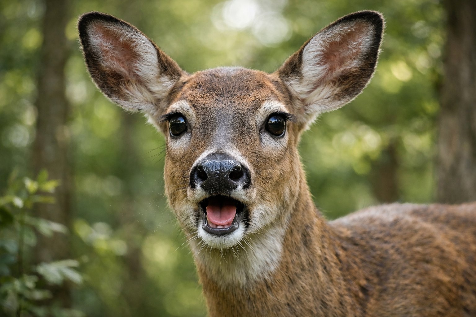 A deer in a forest snorting with flared nostrils and alert expression.