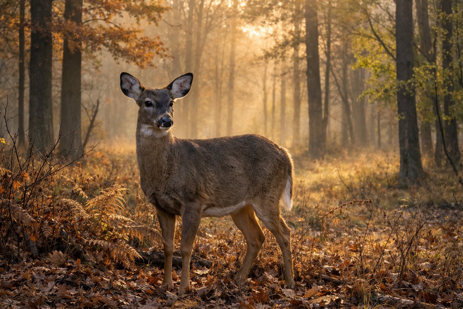A deer standing alert in a forest with sunlight filtering through the trees during early morning or late evening.