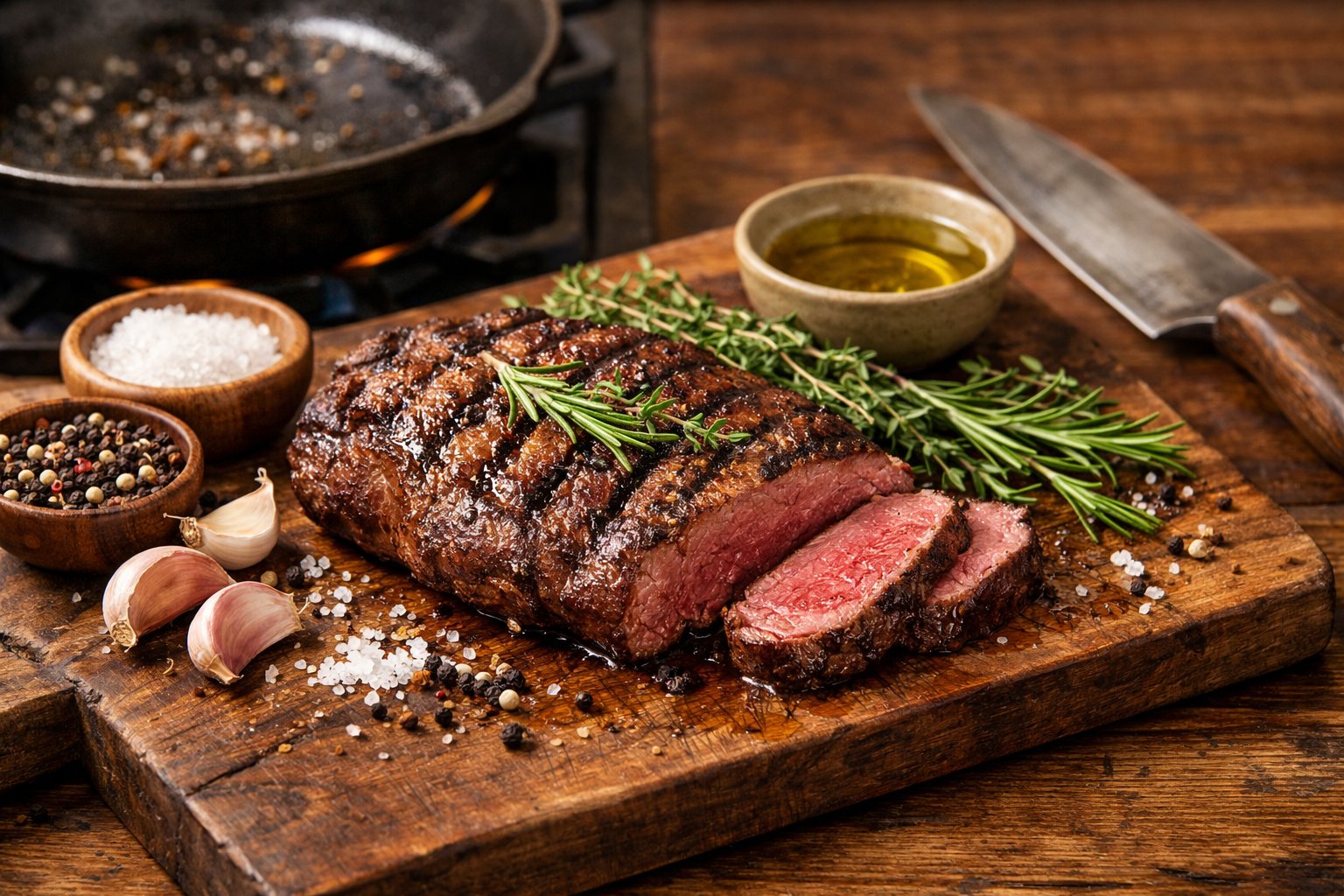 A cooked deer meat steak on a wooden cutting board with herbs and cooking ingredients in a kitchen setting.