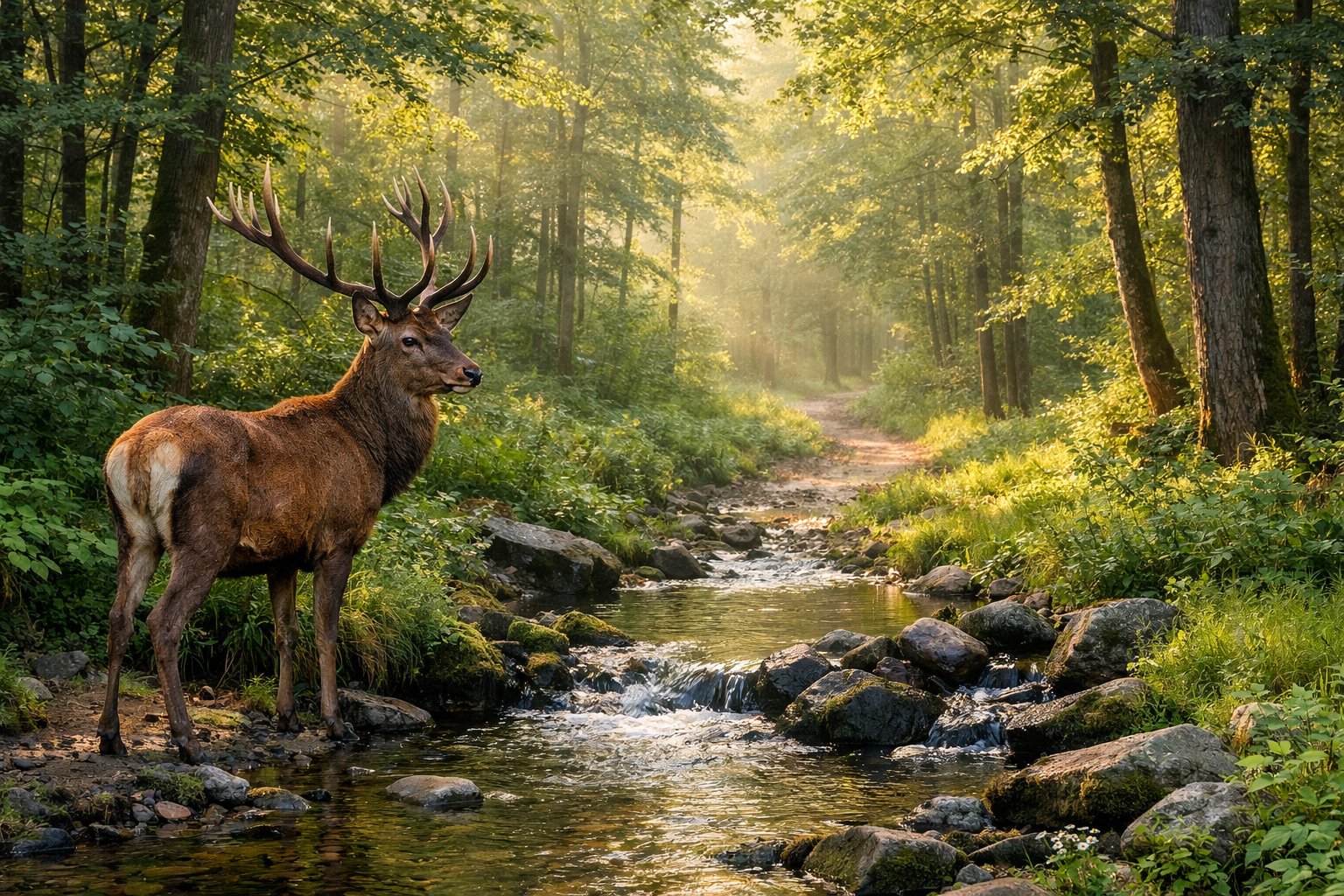 A deer standing near a stream in a forest with a path visible in the background.