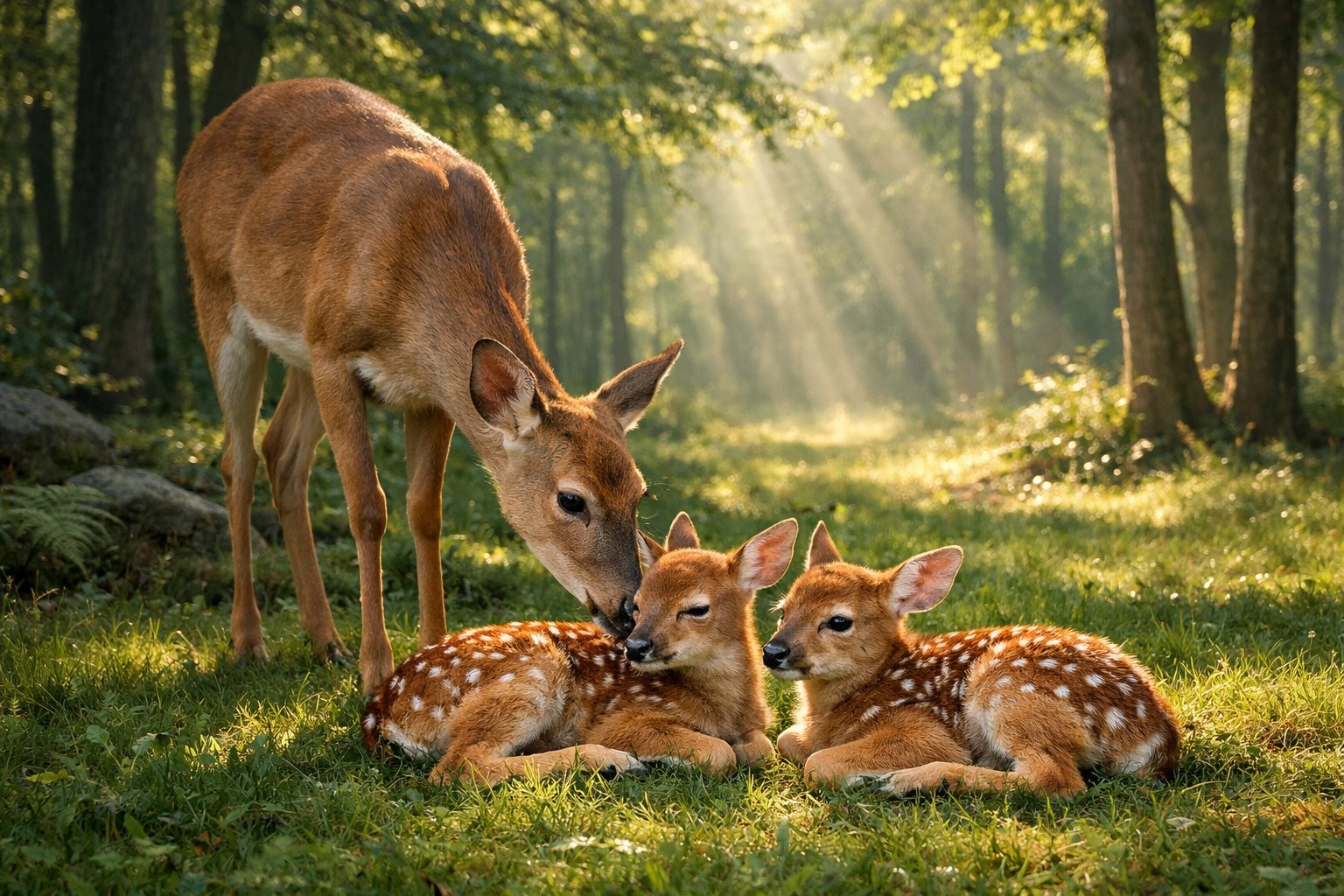 A mother deer standing beside her two resting newborn fawns in a forest clearing.