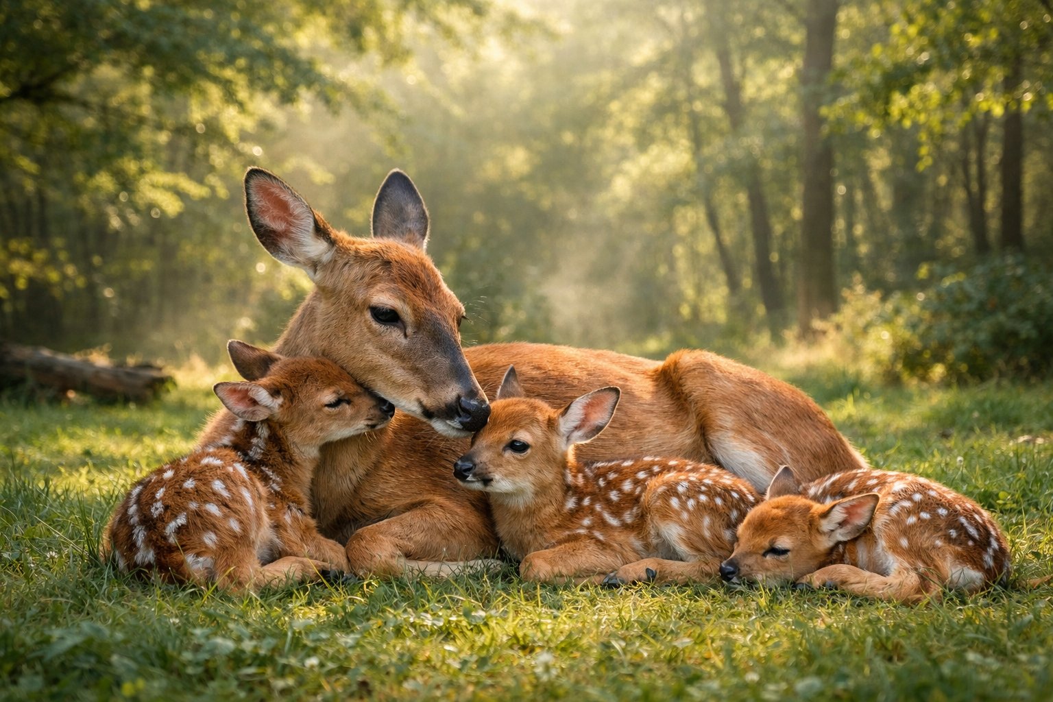 A mother deer lying in a forest clearing with two or three newborn fawns resting nearby.