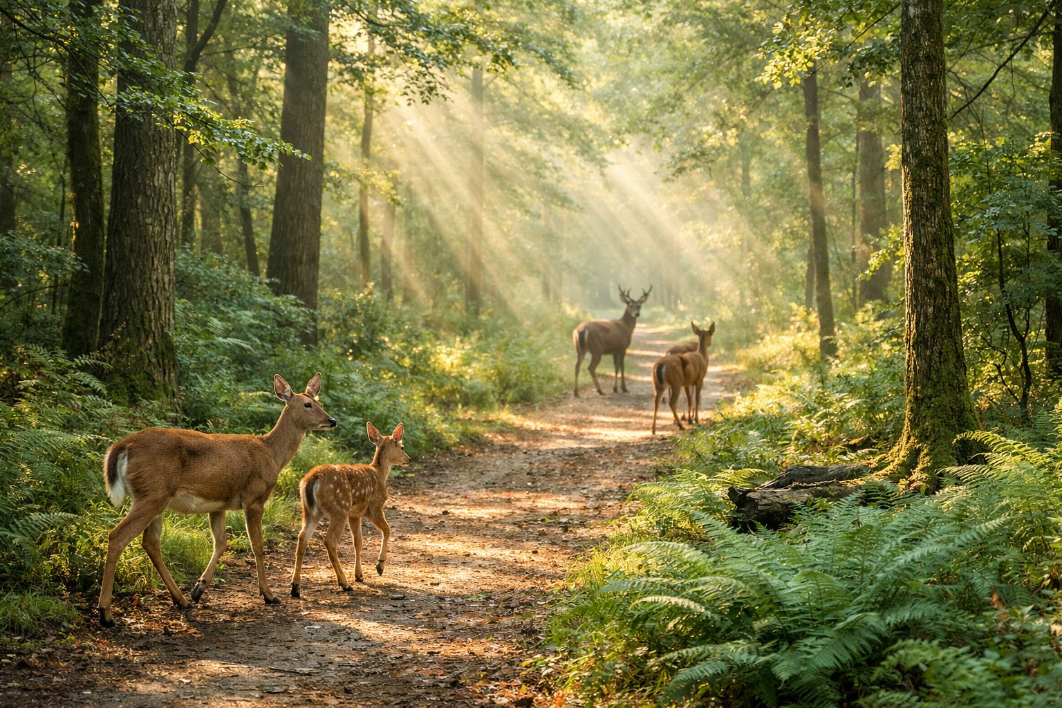 A group of deer walking through a sunlit forest path surrounded by trees and greenery.