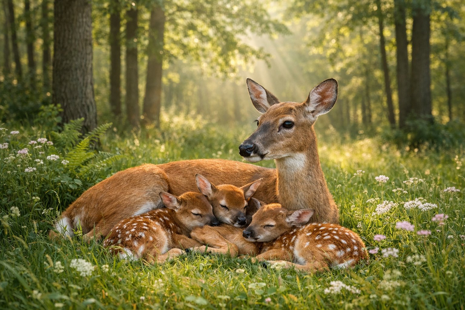 A female deer resting in grass with two young fawns nearby in a forest setting.