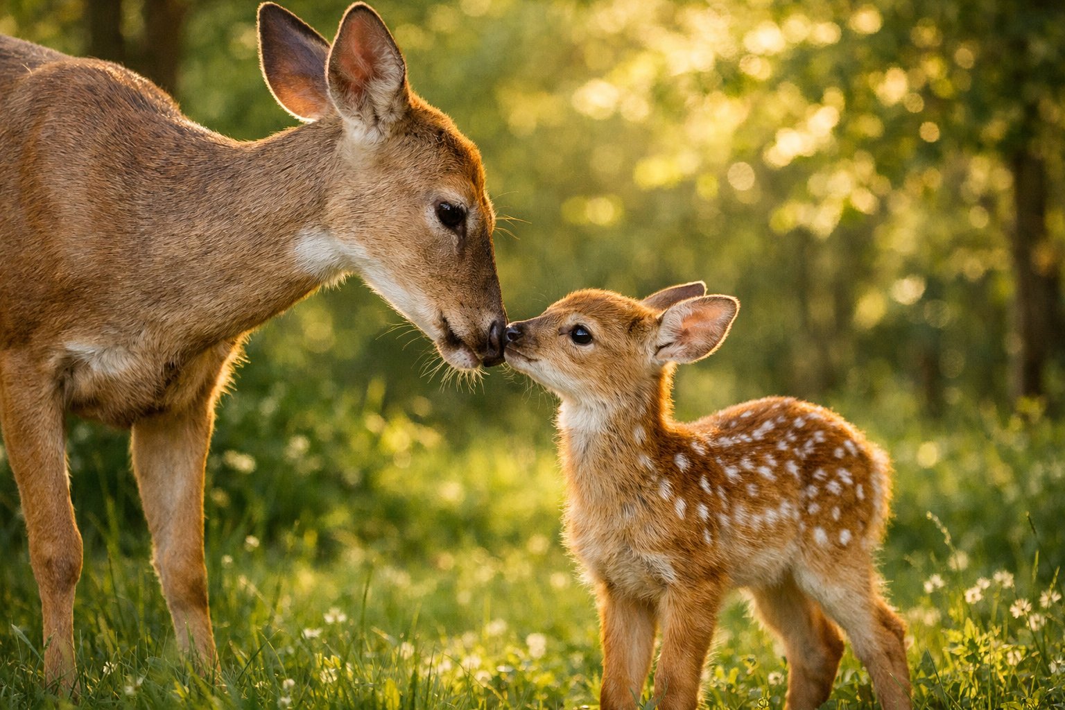 A mother deer standing close to her young fawn in a sunlit forest clearing.
