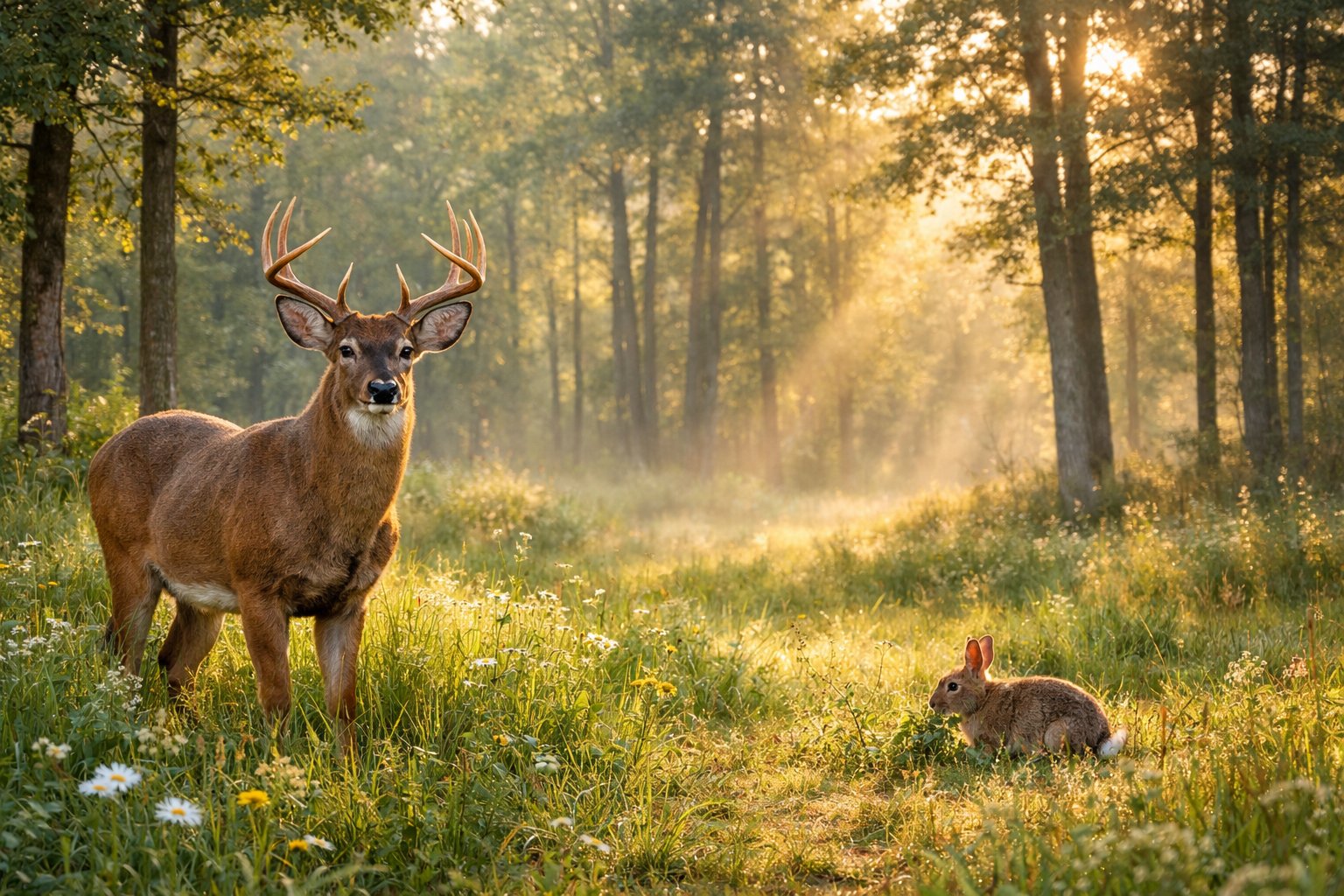 A deer standing in a forest clearing near a rabbit eating grass.