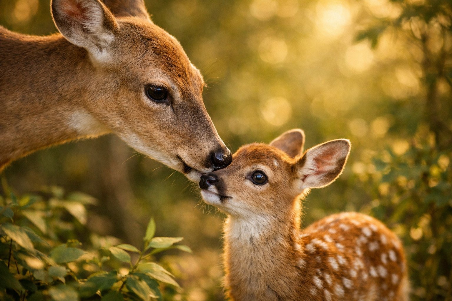 A mother deer nuzzling her fawn in a forest with sunlight filtering through the trees.