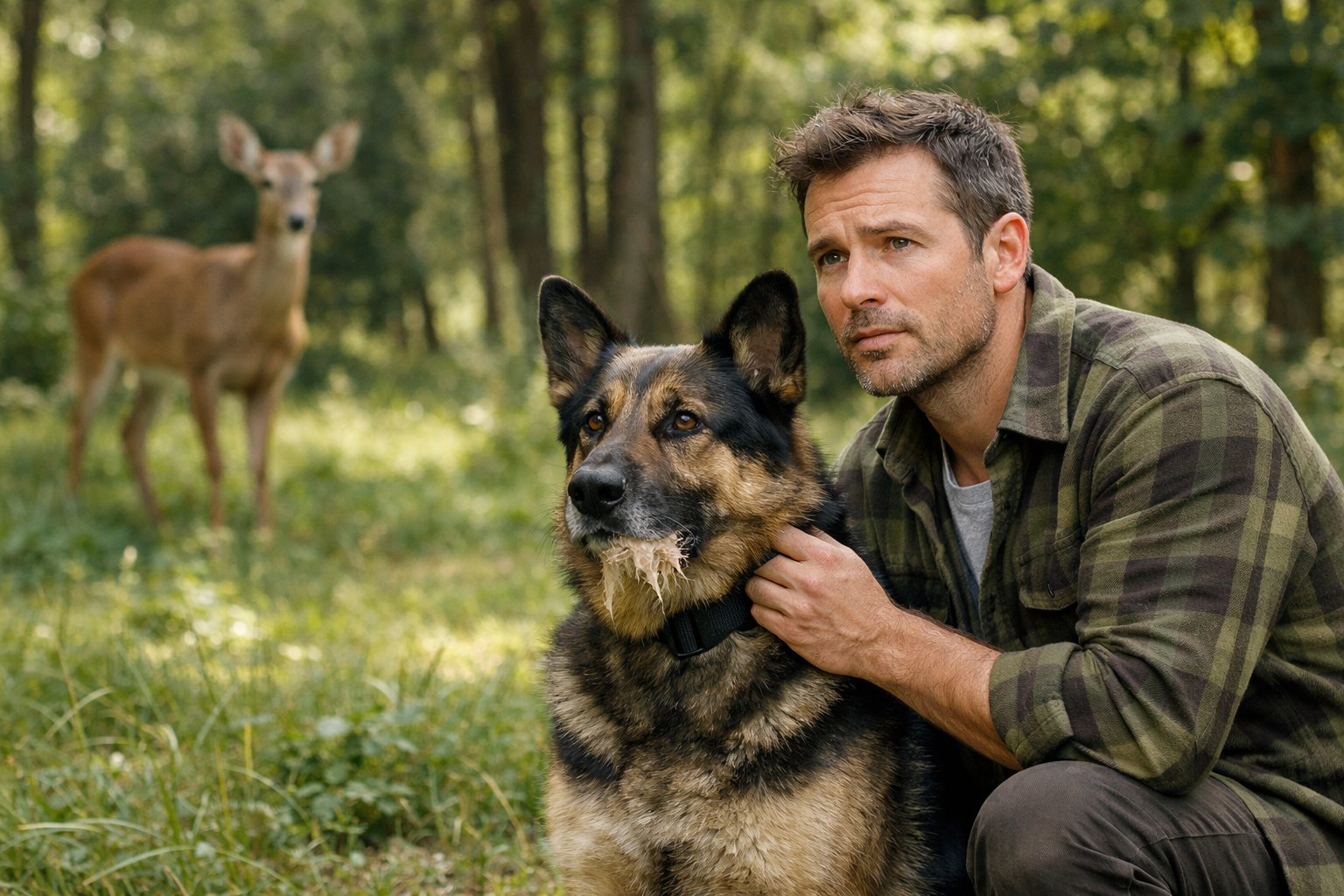 A man kneeling next to a dog in a forest clearing with a deer standing nearby.