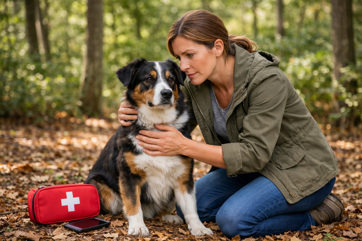 A person outdoors in a forest gently examining their dog while kneeling on the ground.